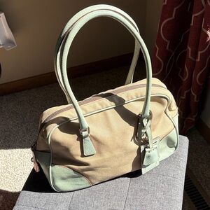 Prada Tan Canvas Shoulder Bag with Sage Green Trim